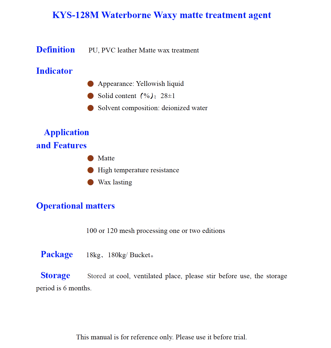 KYS 128M Waterborne Waxy matte treatment agent